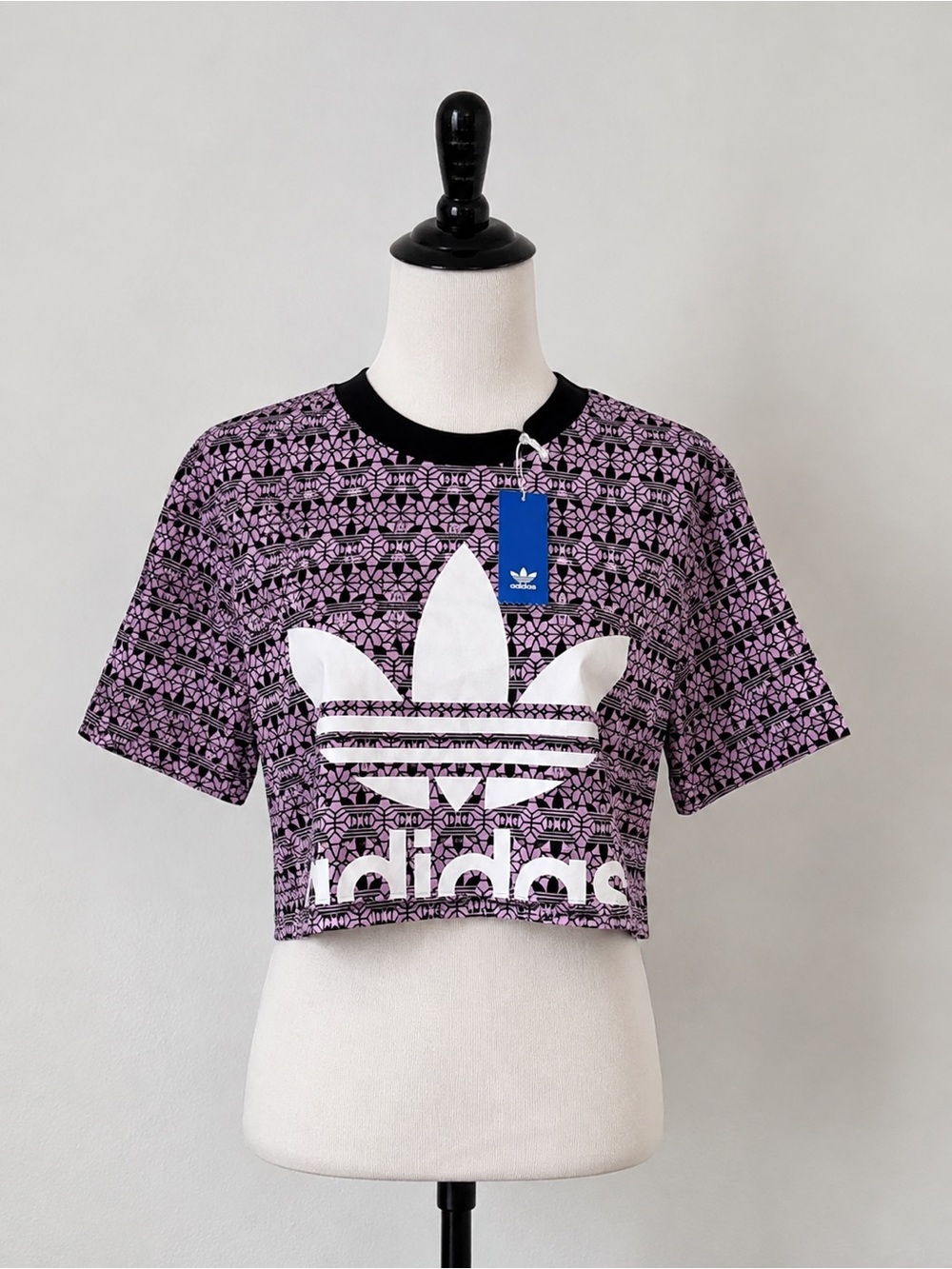 adidas Pink & Black Patterned Trefoil Crop Tee